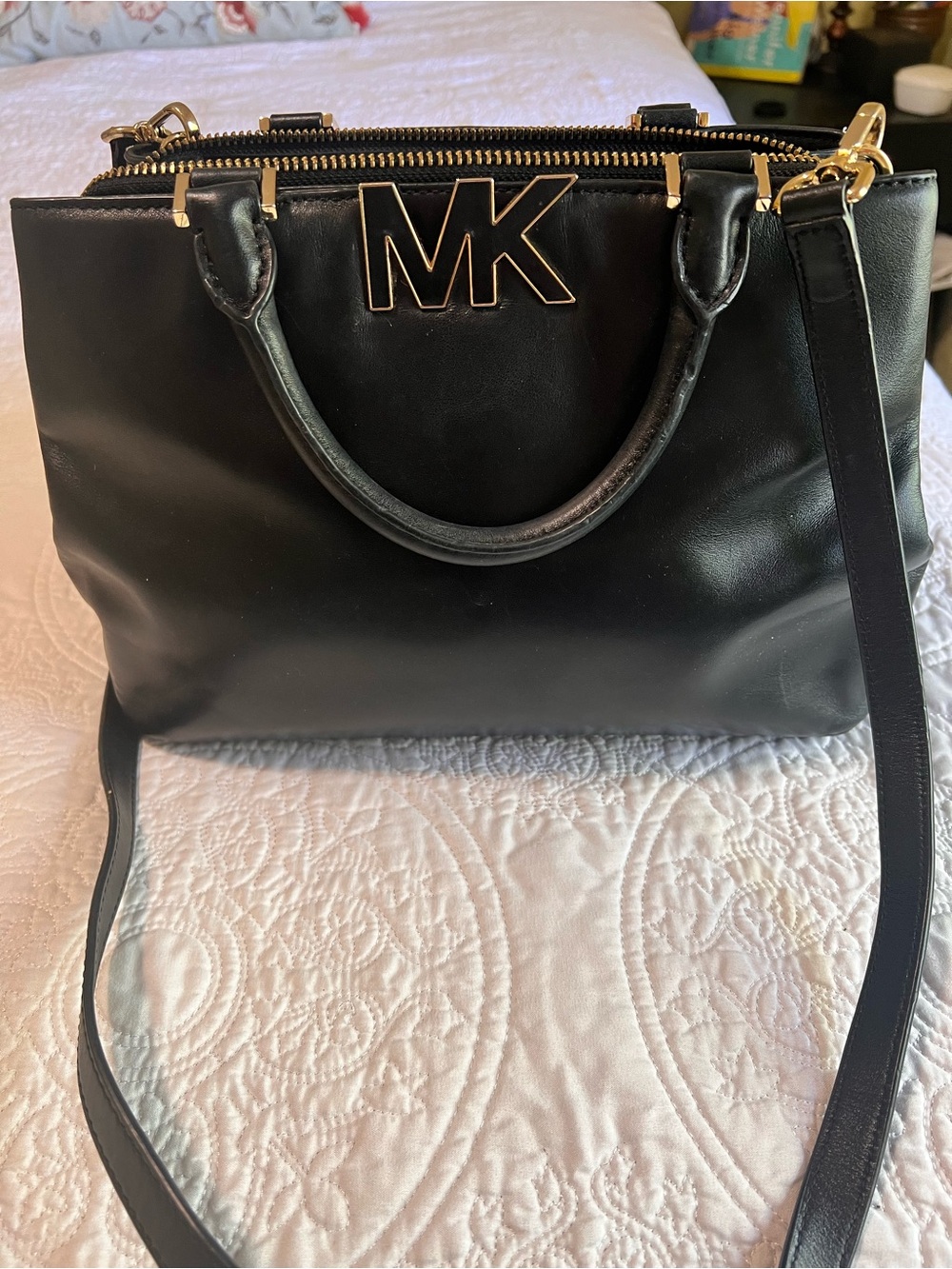 Michael Kors Black Leather Satchel with Gold MK Logo